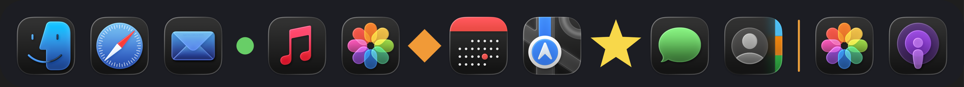 One dock split into groups by a small green dot, an orange diamond and a large yellow star, with a thin amber line dividing off recents
